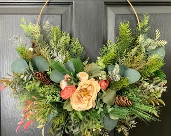 Winter wreath for front door, gold hoop wreath with frosted evergreens, Victorian peach and pink roses, pinecones, eucalyptus, bohemian gift
