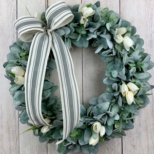 Lambs ear wreath with eucalyptus and ivory tulips, front door farmhouse wreath, Year round Rustic, All Year Wreath, Wedding Bridal Wreath Stripe Bow