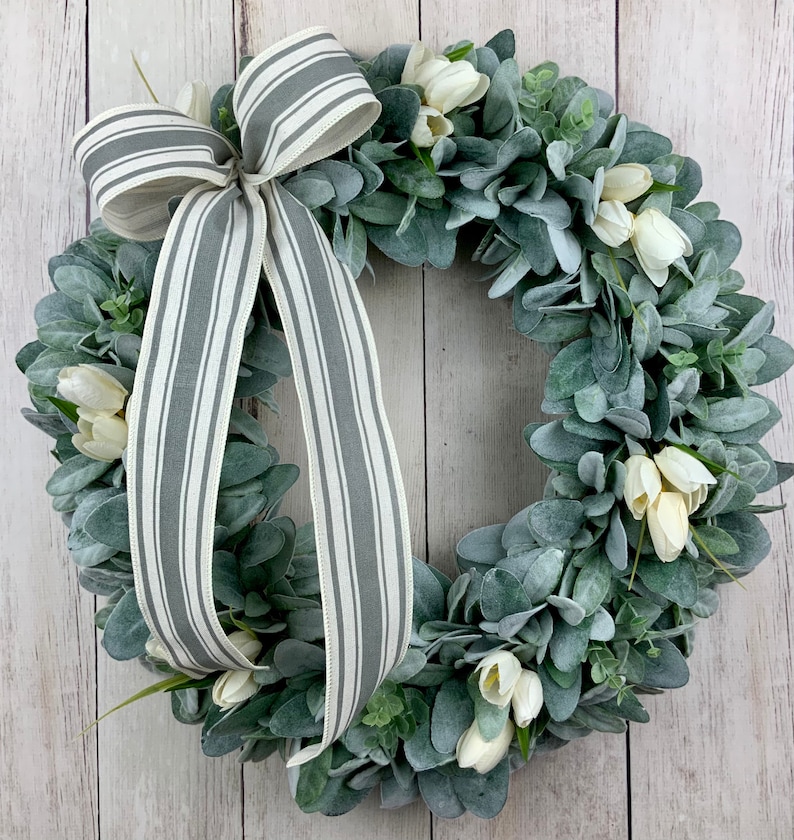 Lambs ear wreath with eucalyptus and ivory tulips, front door farmhouse wreath, Year round Rustic, All Year Wreath, Wedding Bridal Wreath Stripe Bow