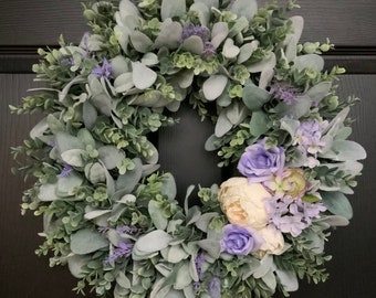 Spring summer outdoor wreath for your front door with lambs ear and eucalyptus greenery, lavender and white roses and sprigs of lavender
