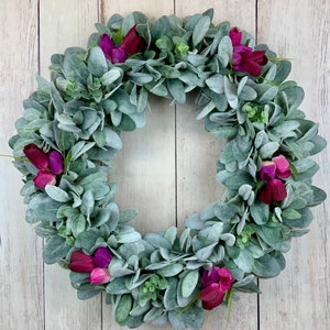 Spring summer outdoor lamb’s ear tulip wreath for front door, Mother’s Day gift
