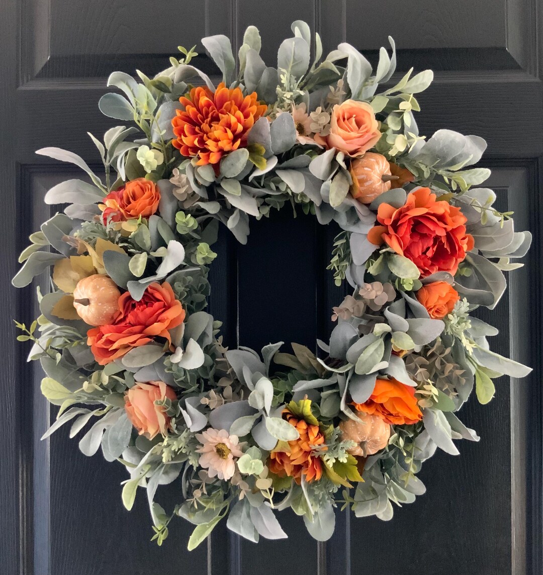 Fall Wreath for Front Door With Lambs Ear, Eucalyptus, Peach Roses ...