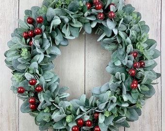 Winter wreath, Christmas wreath, holiday wreath, front door wreath, frosted berries, lambs ear wreath,farmhouse wreath, wreath with bow
