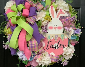 Easter wreath, spring wreath, front door Easter wreath, Easter bunny, deco mesh, large wreath, pink, purple, yellow, bright cheerful