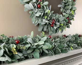 Christmas garland, lambs ear garland, holiday garland, fireplace mantle garland, banister garland, winter garland, frosted berries