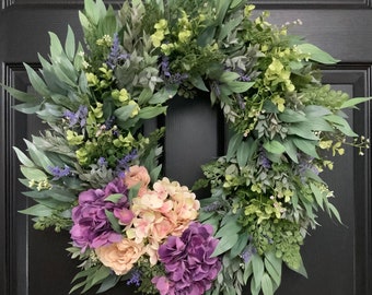 Spring summer wreath for front door, full botanical eucalyptus wreath with pink and purple, hydrangeas, and lavender, gift for mom, outdoor