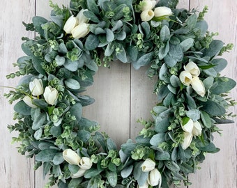 Lambs ear and eucalyptus wreath for front door, farmhouse wreath, greenery wreath, all year wreath, all season, everyday, outdoor, tulip