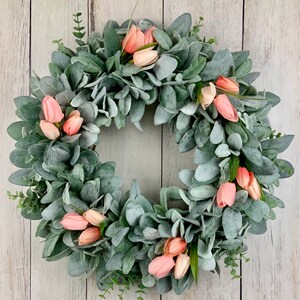 Spring summer wreath for front door, spring wreath, summer wreath, lambs ear wreath, tulip wreath, outdoor, Mother’s Day gift, farmhouse