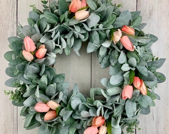 Spring summer wreath for front door, spring wreath, summer wreath, lambs ear wreath, tulip wreath, outdoor, Mother’s Day gift, farmhouse