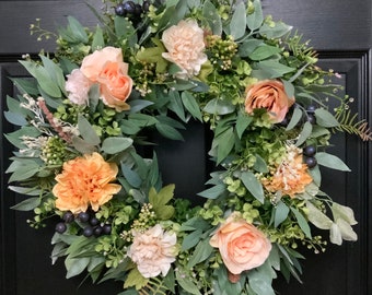 Spring and summer Victorian botanical outdoor wreath for front door with peach roses, dhalias and blue berries, Birthday gift, grapevine