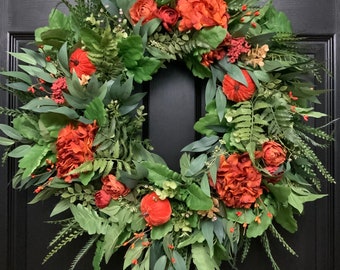 Fall outdoor wreath for front door, grapevine greenery, rust hydrangeas, eucalyptus, vibrant fall decor, velour pumpkins, mini roses