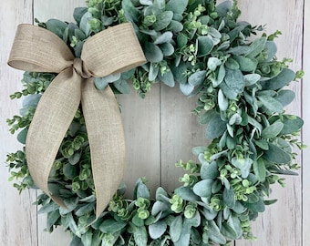 Lamb's ear eucalyptus wreath for front door, Year round wreath, everyday wreath, farmhouse wreath, greenery wreath, all year wreath with bow