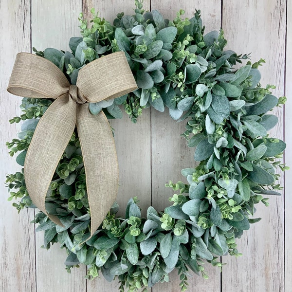 Lamb's ear eucalyptus wreath for front door, Year round wreath, everyday wreath, farmhouse wreath, greenery wreath, all year wreath with bow