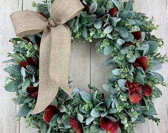 Christmas wreath for front door, Lambs ear wreath, eucalyptus wreath, farmhouse wreath, greenery wreath, wreath with bow, all year