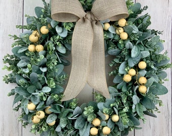 Fall outdoor wreath for front door,  lambs ear wreath and eucalyptus wreath, year round, farmhouse rustic with berries and bow