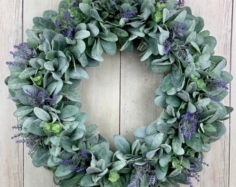 Year round spring summer front door wreath with lamb's ear, eucalyptus and lavender, farmhouse wreath with bow, gift for mom