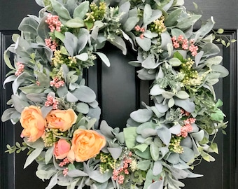 Spring summer Victorian outdoor wreath for front door with lambs ear greenery, eucalyptus,  peach roses and berries, gift for mom, outdoor