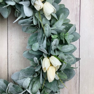 Lambs ear wreath with eucalyptus and ivory tulips, front door farmhouse wreath, Year round Rustic, All Year Wreath, Wedding Bridal Wreath afbeelding 6