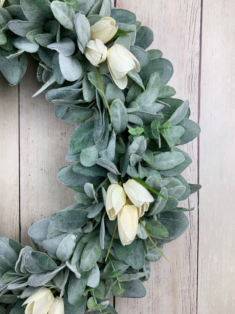 Lambs ear wreath with eucalyptus and ivory tulips, front door farmhouse wreath, Year round Rustic, All Year Wreath, Wedding Bridal Wreath afbeelding 6