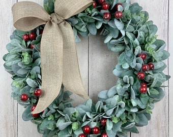 Winter wreath, Christmas wreath, holiday wreath, front door wreath, frosted berries, lambs ear wreath,farmhouse wreath, wreath with bow