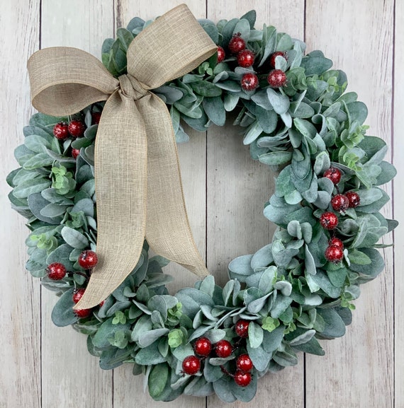 Frosted Berry Winter Wreath, Lambs Ear, Farmhouse Style