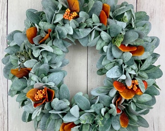 Fall lamb's ear outdoor wreath for front door with green and orange eucalyptus, Farmhouse Wreath, gift for mom
