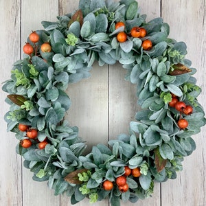 Fall wreath for front door with lambs ear greenery, eucalyptus and orange berries, burlap bow, outdoor farmhouse wreath, grapevine, gift