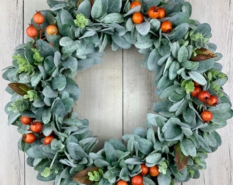 Fall wreath for front door with lambs ear greenery, eucalyptus and orange berries, burlap bow, outdoor farmhouse wreath, grapevine, gift