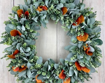 Fall lamb's ear eucalyptus outdoor wreath for front door with orange berries, year round wreath, gift for mom, bow, rustic