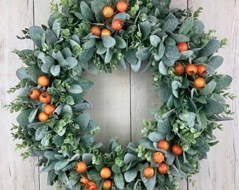 Fall outdoor lamb's ear eucalyptus wreath for front door, year round everyday wreath, farmhouse rustic, orange berries