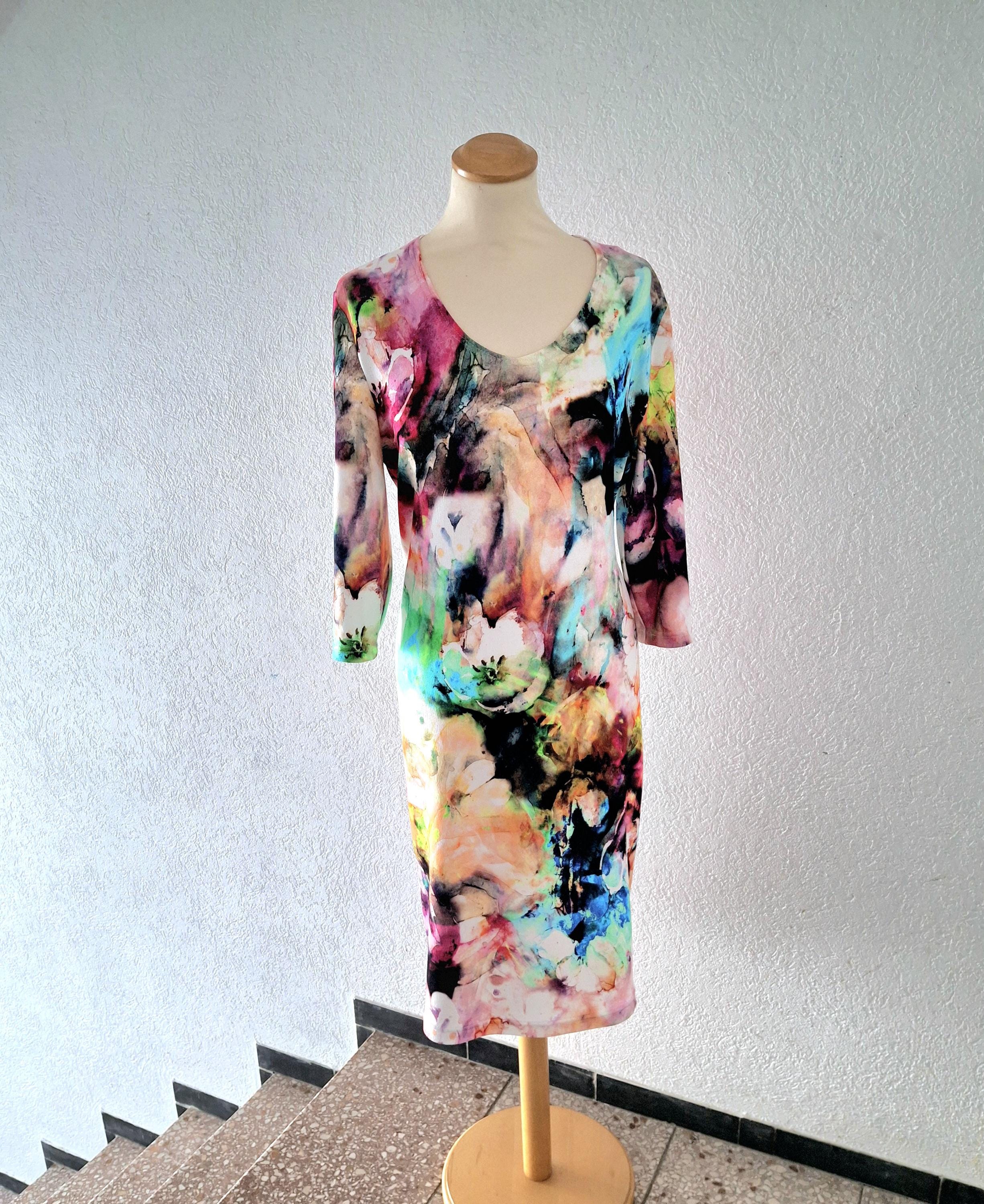 Viscose jersey dress knee length with three-quarter sleeves large flowers watercolor painting