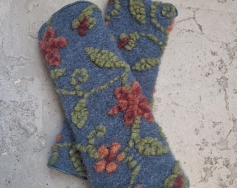 Patterned wool felt leg warmers in petrol blue with floral tendrils, wool cotton