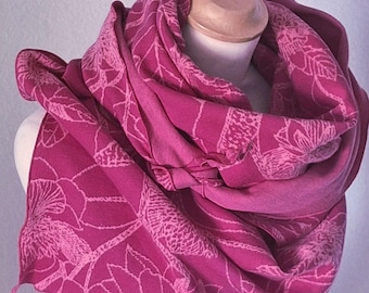XXL triangular cotton scarf made of organic jacquard, pink floral