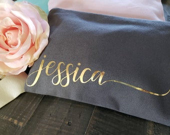 Personalized Monogram Makeup Bag- Cursive Script CUSTOM NAME Blush Pink Gray White Make Up Bag - Best Friend Gift, Bridesmaid Gift