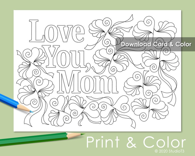 BONUS full size Kid\u2019s Coloring Page Adult coloring pages Envelope template included Mother/'s Day Card to Color