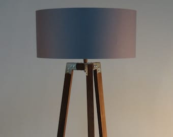 Handmade Tripod Floor lamp, wooden stand in dark wood color with metal elements,drum lampshade, different colors lampshade,model Ivanina