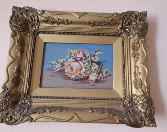 Gobelin Vintage Yellow Roses, gobelin, haft krzyżykowy, kwiaty, sztuka ścienna, stary, dekoracja ścienna, wnętrze, wystrój domu, haft, nici DMC