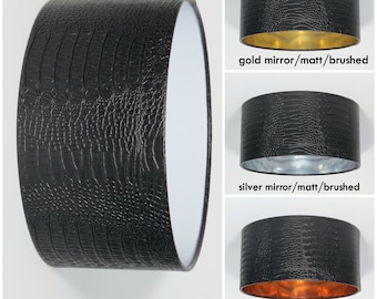 Black crocodile Eco leather lampshade,handmade,drum,gold,silver,copper,mirror,matt,brushed,Pendant,Hanging,Ceiling,lightshade,metalic lining
