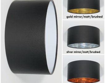 Paralume a tamburo fatto a mano, ecopelle nera, oro, argento, rame, specchio, opaco, spazzolato, pendente, sospeso, da soffitto, paralume, fodera metallica, interno