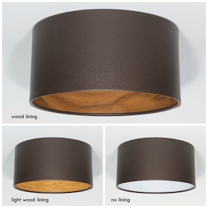 Handmade Brown Eco leather Drum Lampshade, wood lining, light wood lining, table lamp,Pendant ,Hanging lamp,Ceiling lamp,lightshade,interior