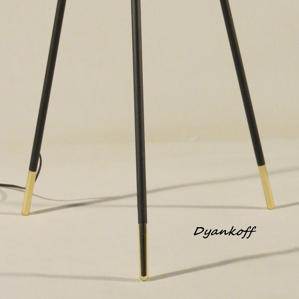 Handmade tripod floor lamp with black colored metal stand and gold/brass plated edges of the legs,drum lampshade,Model Vesi XXL Gold Edition