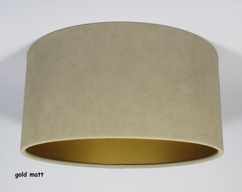 Luxe handgemaakte trommellampenkap, zandbeige Eco-leer, goud, zilver, koper, mat, geborsteld, hanger, hangend, plafond, lichtkap, metalic, interieur