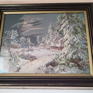 Vintage &quot;Winter night&quot; tapestry by Wiehler, gobelin, needlepoint, wall art, wall decor, interior, home decor, embroidery, DMC threads,winter