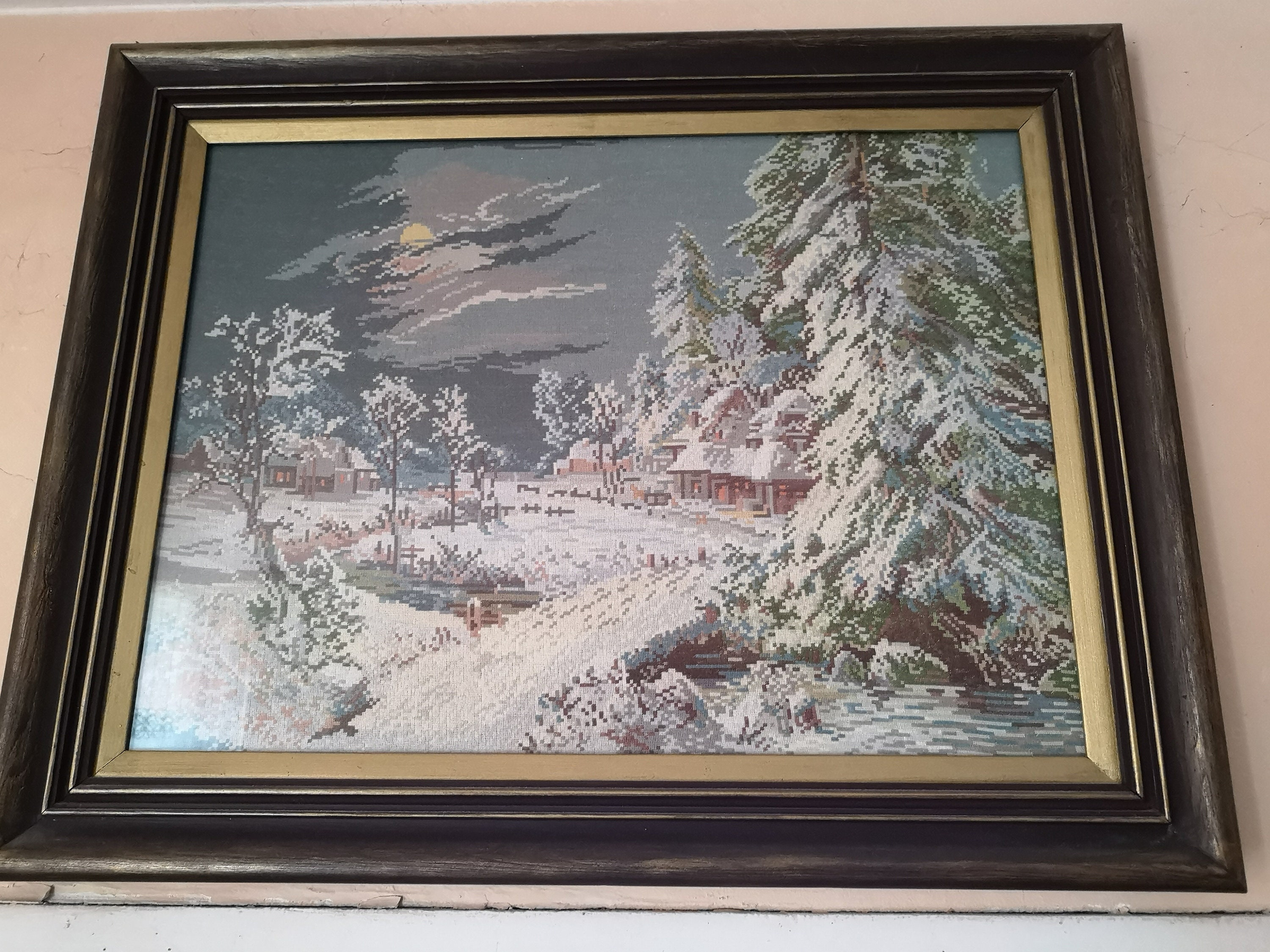 Vintage "Winter night" tapestry by Wiehler, gobelin, needlepoint, wall art, wall decor, interior, home decor, embroidery, DMC threads,winter