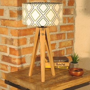 Handmade tripod table/desk/bedside lamp, legs from natural Oak wood, drum lampshade,different colors lampshade,model Zana II Mini, interior