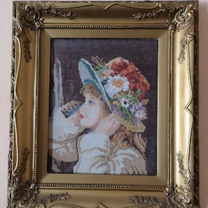 Vintage "The Girl with hat" tapestry by Wiehler, gobelin, needlepoint, wall art, wall decor, interior, home decor, embroidery, DMC threads