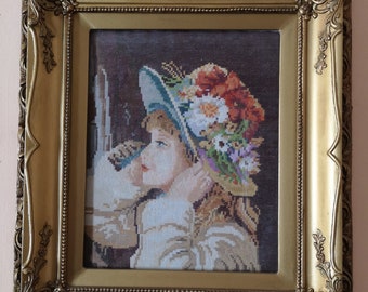 Vintage &quot;The Girl with hat&quot; tapestry by Wiehler, gobelin, needlepoint, wall art, wall decor, interior, home decor, embroidery, DMC threads