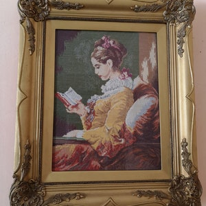Vintage &quot;Girl reading&quot; tapestry by Wiehler, gobelin, needlepoint, wall art, old, wall decor, interior, home decor, embroidery, DMC threads