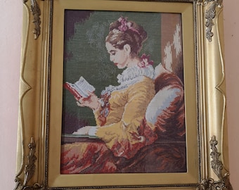 Vintage &quot;Girl reading&quot; tapestry by Wiehler, gobelin, needlepoint, wall art, old, wall decor, interior, home decor, embroidery, DMC threads