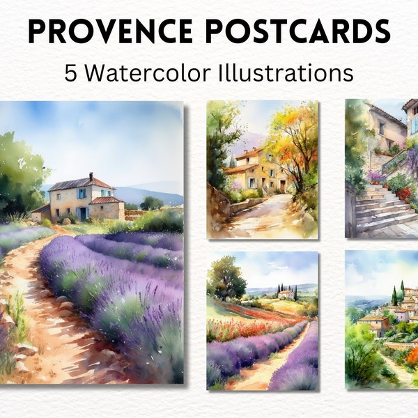 Cartes postales de Provence aquarelle, Champs de lavande et villages du sud de la France, Fichiers numériques